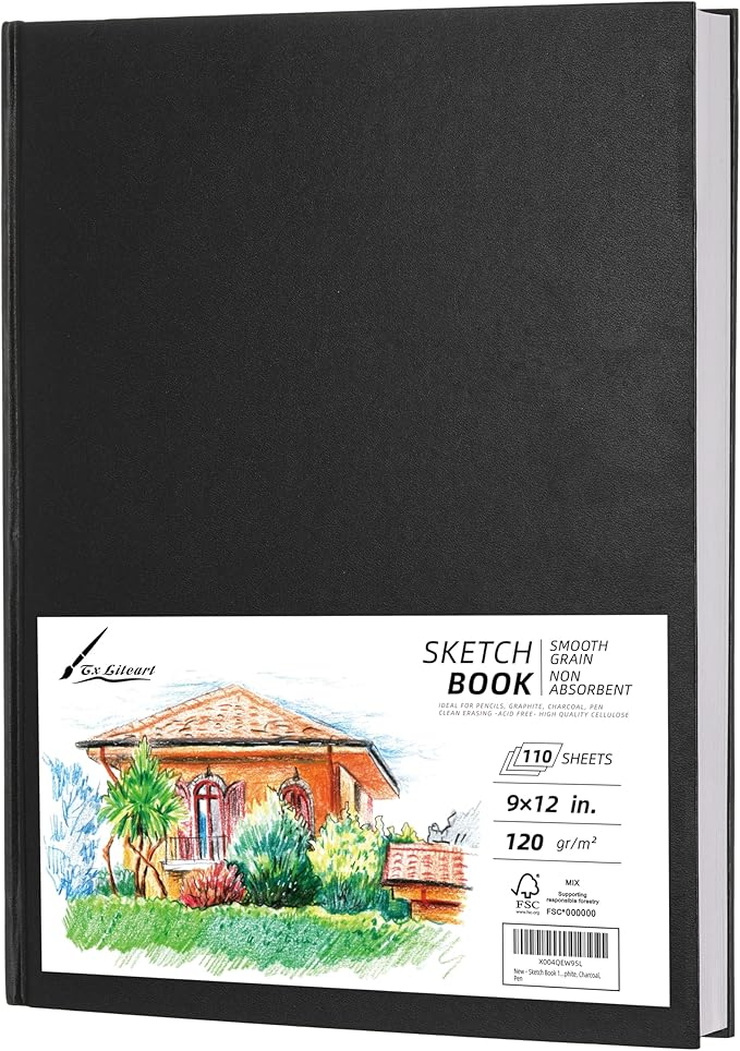 2 Pack Hardcover Sketch Pads for Drawing 9" x 12" - 110 Sheets (220 Pages) Each - 80lb/120GSM Acid Free Paper - Durable Binding Black Hardbound Sketchbook for Artists, Students & Hobbyists