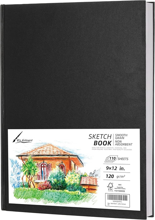 2 Pack Hardcover Sketch Pads for Drawing 9" x 12" - 110 Sheets (220 Pages) Each - 80lb/120GSM Acid Free Paper - Durable Binding Black Hardbound Sketchbook for Artists, Students & Hobbyists