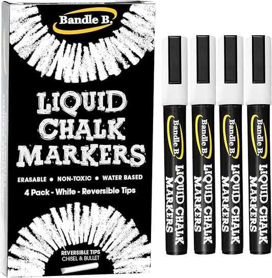 Bandle B. Chalk Markers - 4 White, Erasable, Non-Toxic, Water-Based, Reversible Tips, Crisp White For Kids and Grown-Ups for Glass and Chalkboard Markers for Businesses, Restaurants (6mm)