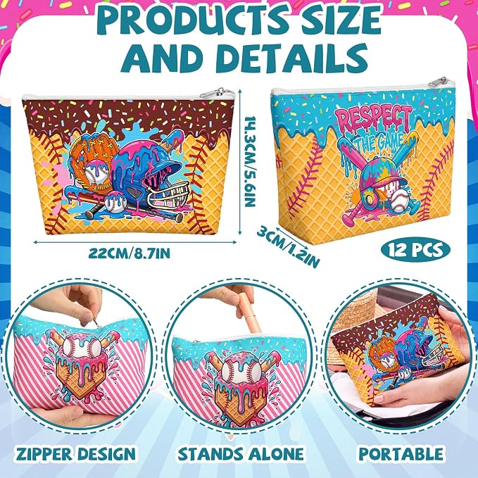 Reginary 12 Pcs Ice Cream Drip Baseball Cosmetic Bags Bulk Ice Cream Drip Snack Goodie Bags Zippered Travel Toiletry Makeup Pouch Gift Accessories for Candy Stuff Team Players Party Supplies