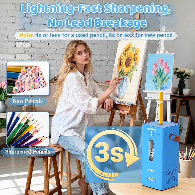 AFMAT Electric Pencil Sharpener, Fully Automatic Pencil Sharpener, Auto in & Out, Rechargeable Hands-Free Sharpeners for Jumbo & Colored Pencils (6.5-12mm), Portable for Home/Classroom/Office PSC6