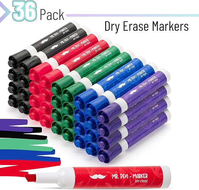 Mr. Pen- Dry Erase Markers, 36 Pack, Assorted Colors, Low Odor Ink, Chisel Tip, Bulk White Board Markers Dry Erase, Ideal for Classroom, Back to School Supplies, Teachers, Office, Whiteboard & Home