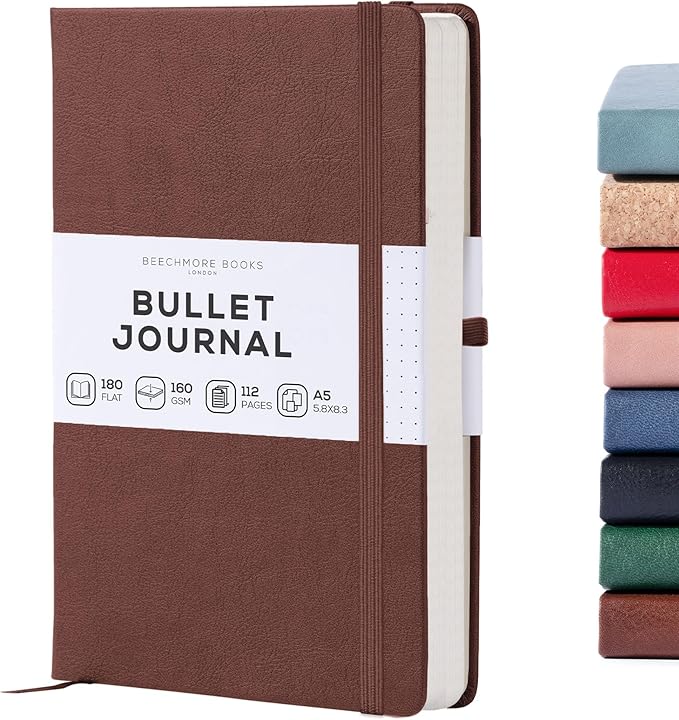 BEECHMORE BOOKS A5 Dotted Journal – 160gsm Thick Paper No-Bleed Bullet Notebook – Hardcover Dot Grid Logbook with Presentation Gift Box – Vegan Leather Sketchbook for Artists & Professionals