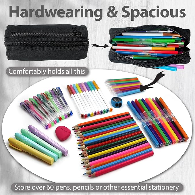 Fashion Stationery Black Pencil Case, Large Capacity, 2 Compartments