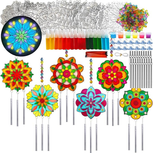 30 Set Mandala Suncatcher Wind Chime Craft Kits, Flower DIY Window Art | Mandala Flower Craft Art Kit decor for Spring Summer seasonal events, home gatherings, celebrations, art projects