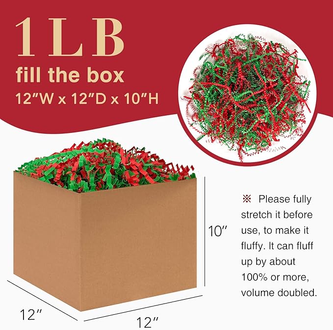 Corlcol1LB Crinkle Paper Shred Filler for Gift Box Bag and Basket On Holidays(Red&Green)