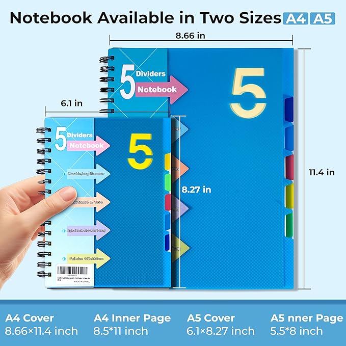 CAGIE Spiral Notebook 5x7 with Dividers 5 Subject Notebook with Tabs Wide Ruled A5 Spiral Bound Journal for Note Taking Work School Supplies, 220 Pages, Blue