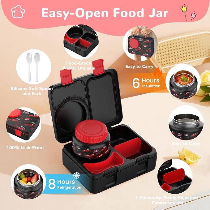 Kids Insulated Lunch Box with 8OZ Thermo Food Jar | Leakproof Bento Box with Ice Pack Sauce Cup Utensils Removable Tray & Dividers for School Daycare Travel, Racing Cars