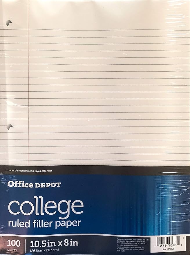 Office Depot Brand Filler Paper, College Ruled, 92 Brightness, 16 Lb, Pack of 100 Sheets