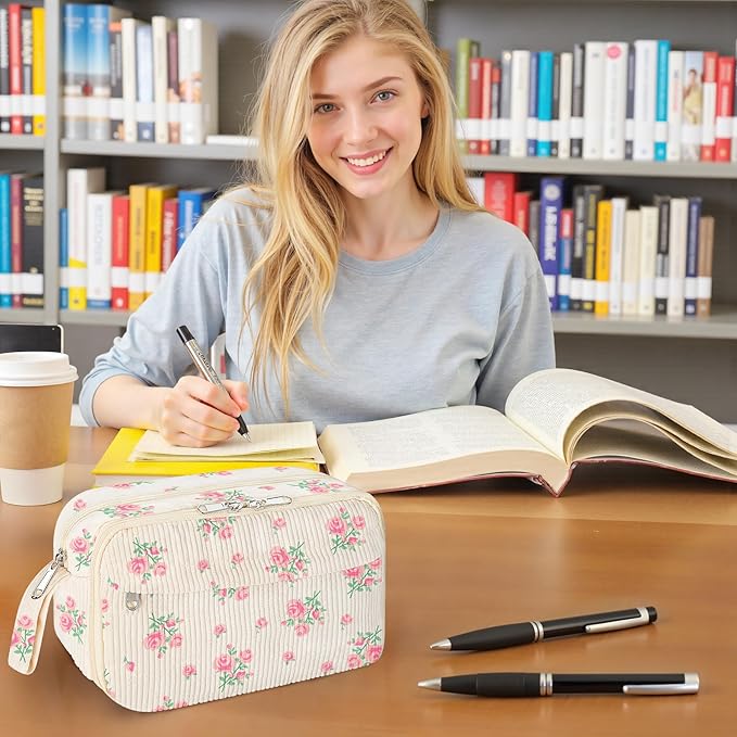 WOBAGMEN Cute Pencil Case,Large Corduroy Zippered Pencil Case Pouch, aesthetic Pencil Bag with Compartments, Pencil Pouch School Supplies (HY-corduroy pc-pink floral)