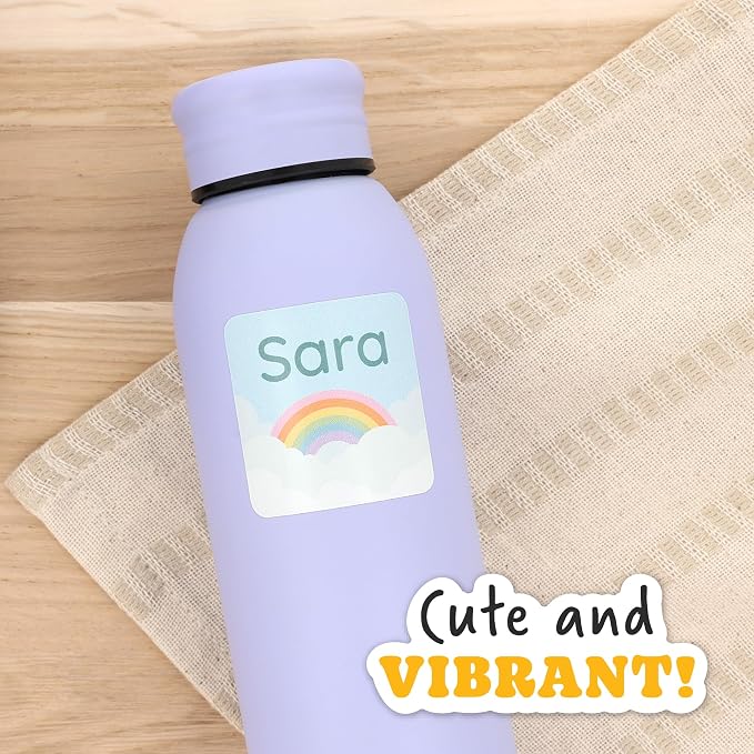 Camp Name Labels for Kids (33) – Custom Waterproof Stickers for Water Bottles, Lunch Boxes, Daycare & School with Unique Designs - Rainbow
