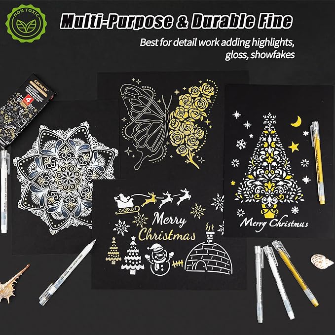 Qionew Gold Silver White Gel Pens, 3 Pack, 1mm Gel Ink Pen, Opaque Ink, Gel Pen for Artists, for Black Paper Drawing, Holiday Crafts, Illustration, Card Making, Bullet Journaling