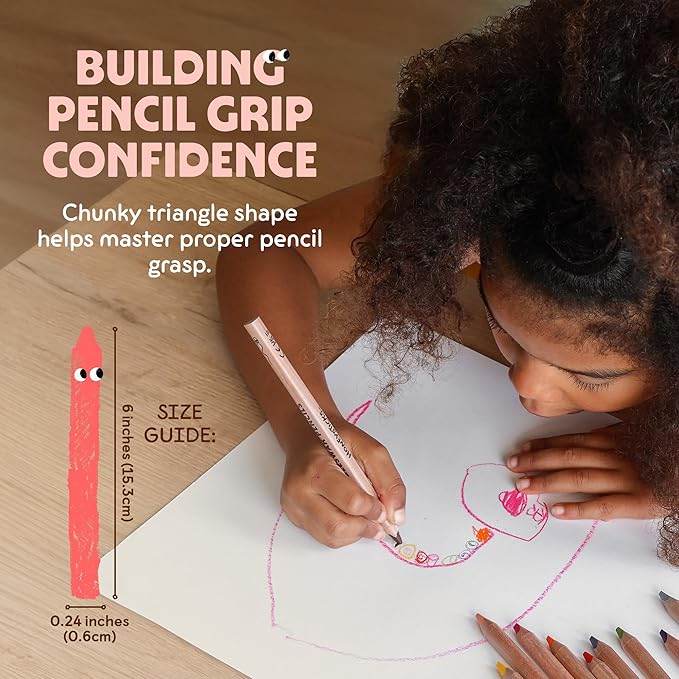 Honeysticks Jumbo Triangle Colored Pencils (12 Pack) - Preschool Pencil with Non-Toxic Beeswax Core, Large Triangular Shape, Easy Grasp, Bright Colors, Toddler Coloring and Drawing, Kids 1-3, 2-4, 3-5