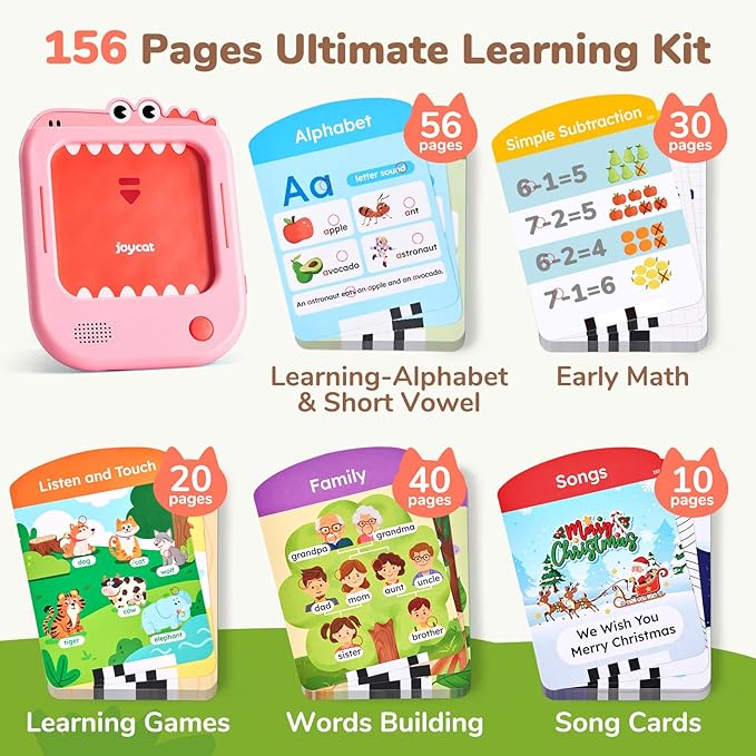 JoyCat Kids Learning Tablet, Phonics Talking Flash Cards, Learn to Read with 156 Pages, 40+ Themes, 600+ Words, 100+ Interactive Games, Screen-Free Learning Toys Birthday Gifts for 2-6 Year Old