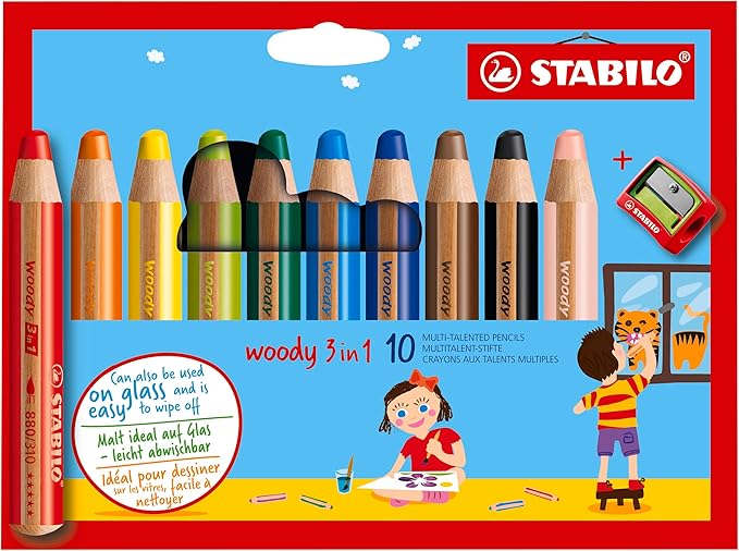 STABILO - woody 3-in-1 - Multi-Talented Pencil - Pack of 10 - Assorted colors with Sharpener