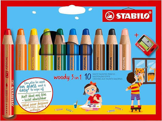 STABILO - woody 3-in-1 - Multi-Talented Pencil - Pack of 10 - Assorted colors with Sharpener