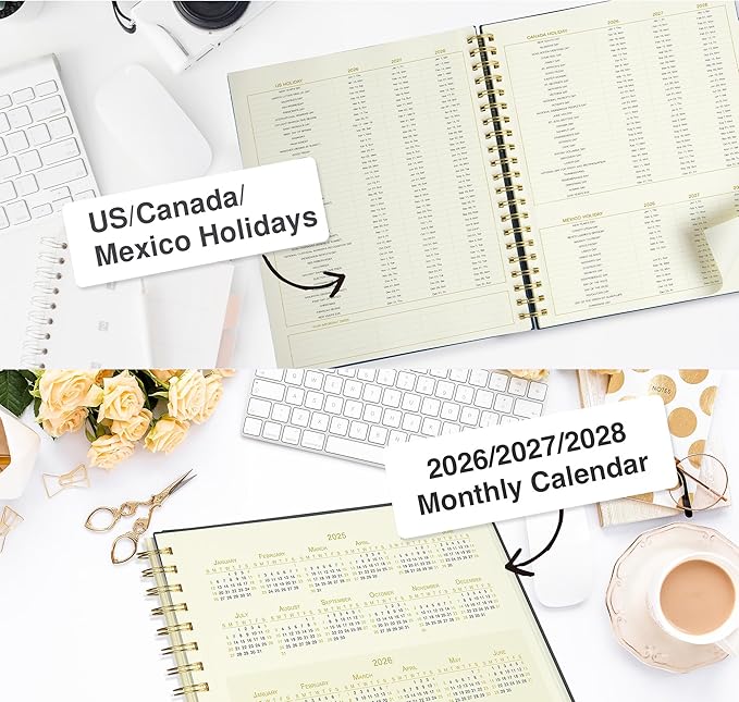 AuroPlanner Undated Daily Planner To Do List Hourly Schedule 2028 2027 2026 Calendar & Holiday Habit Tracker 180 Pages Letter Size 8.5" x 11" Sheets Hardcover Spiral Bound Notebook (Red)