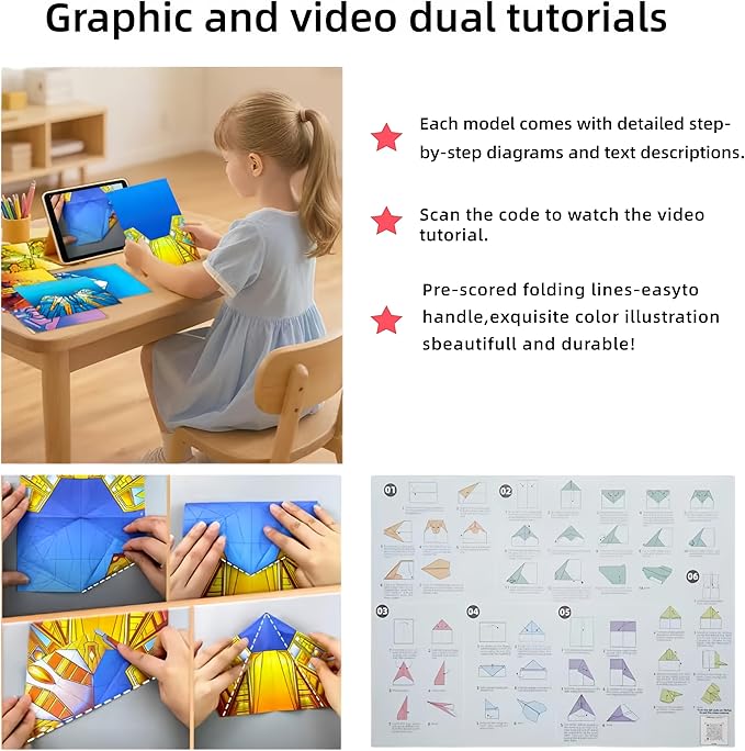 JUJOYYS 3 Difficulty Level Paper Airplane Kits with 36 Classic Designs 108 Sheets of Colorful Origami Paper,Crafts Origami Book Airplane Gifts for Kids Boys and Girls Ages 6-8,8-12