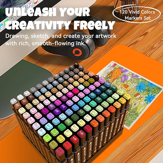 colpart 120 Colors Alcohol Markers Brush Tip Dual Tip Art Markers for Kids Marker Pens with Pen Holder and Case for Adult Coloring Painting Perfect for Painting,Sketching and Drawing Christmas Gift