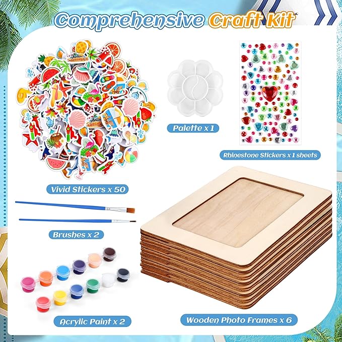 Fovths 6 Packs Summer Picture Frame Painting Craft Kit with 50 Stickers Rhinestone Stickers Painting Tools Set 2 Brushes for DIY Kids Crafts Decorate