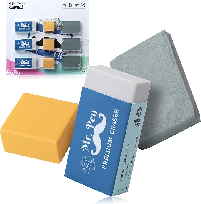 Mr. Pen- Art Eraser Set, 9 Pack, 3X White Vinyl Latex-Free, 3X Kneaded and 3X Artist Gum Erasers, Non-Abrasive, Smudge Resistant, Perfect for Artists and Designers