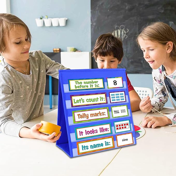 Tabletop Pocket Chart for Classroom, Small Double Sided Pocket Chart for Kids Learning at Home (Red-Blue)