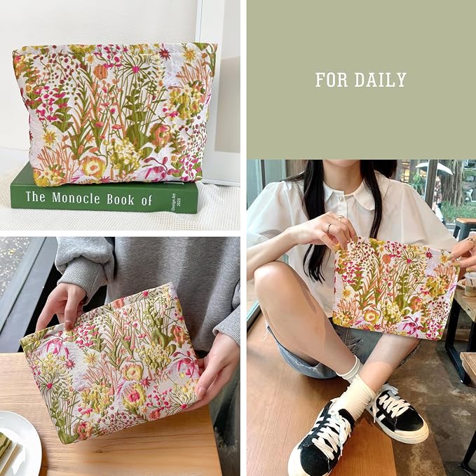 STARDW Cute Floral Makeup Bag Organizer Travel Cosmetic Pouch for Women | Aesthetic Cosmetic Bag with Zipper, Large Capacity Travel Toiletry Bag, Purse Organizer Pouches, Canvas Lining