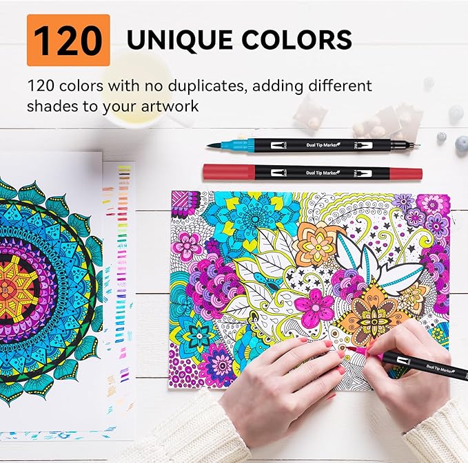 Artugn Dual Markers Brush Pens for Adult Kids Coloring Books,120 Colors Art Marker Set with Fine & Brush Tip Pen for Bullet Journaling, Coloring, Drawing, Hand Lettering, Calligraphy, Art Supplies