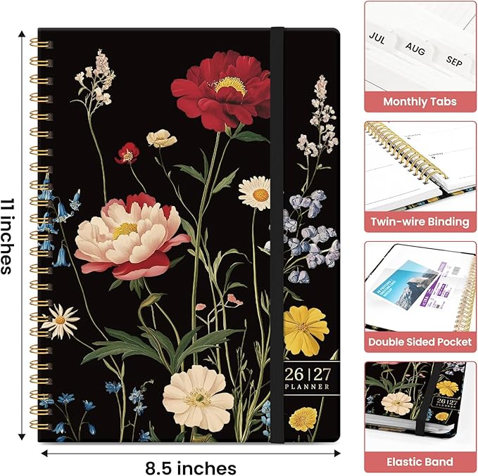 Planner 2026-2027, Academic Monthly and Weekly Calendar Planner for Women, July 2026 - June 2027, Hardcover Pretty Agenda Planner Book with Tabs, Spiral Daily Organizer for School Office Home Supplies, 8.5" x 11" - Peony Bloom