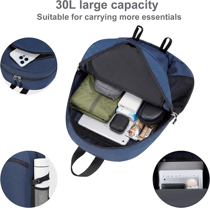 Lightweight Hiking Backpack 30L Packable Foldable Daypack Collapsible Travel Bag Water-Resistant for Women Men (Navy Blue)