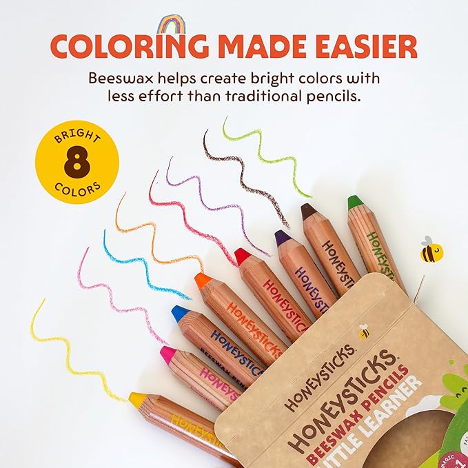 Honeysticks Little Learner Jumbo Colored Pencils (8 Pack) - My First Pencils with Non-Toxic Beeswax Core, Large Easy Grasp Pencil Size, Bright Colors, Toddler Coloring and Drawing, Ages 1-3, 2-4