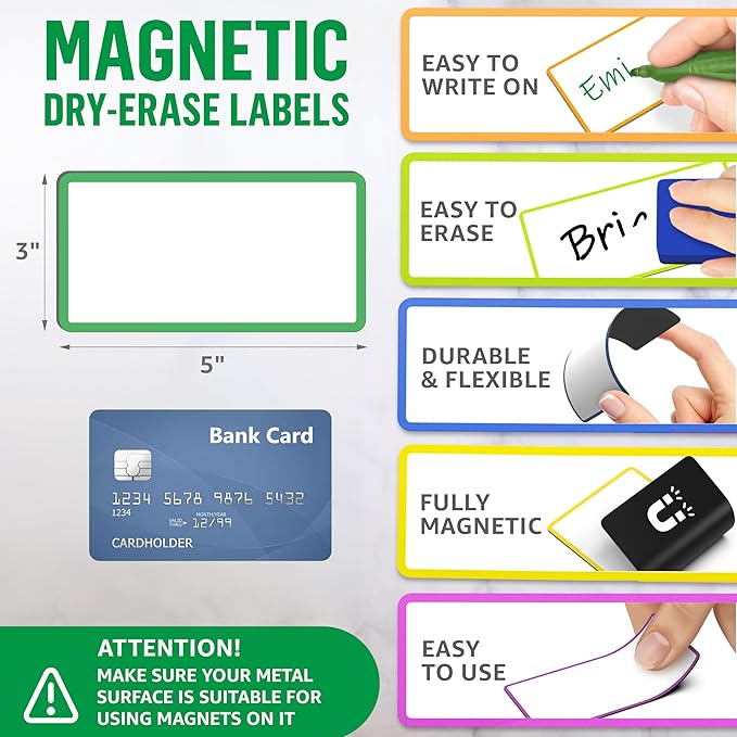32 Pack Dry Erase Magnetic Labels 3x5 in - Magnetic Name Tags for Classroom Lockers School Bus - Classroom Magnets for Names - Magnet Labels for Whiteboard - Magnet Names Plates for Classrooms