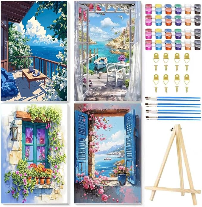 4 Pack Paint by Numbers for Adults with Framed Canvas - with Wooden Easel, Beach Paint by Number on Canvas, DIY Flower Landscape Acrylic Oil Painting Kits with Brushes for Home Wall Decor (8x12 inch)