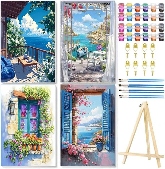 4 Pack Paint by Numbers for Adults with Framed Canvas - with Wooden Easel, Beach Paint by Number on Canvas, DIY Flower Landscape Acrylic Oil Painting Kits with Brushes for Home Wall Decor (8x12 inch)