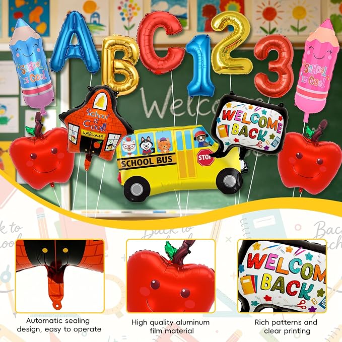 Back to School Balloons,Back to School Decorations,ABC 123 Foil Balloons | 13PCS Back to School Balloon with School Bus,Apples,Pencils, Welcome Balloon for Classroom, Kindergarten, First Day of School