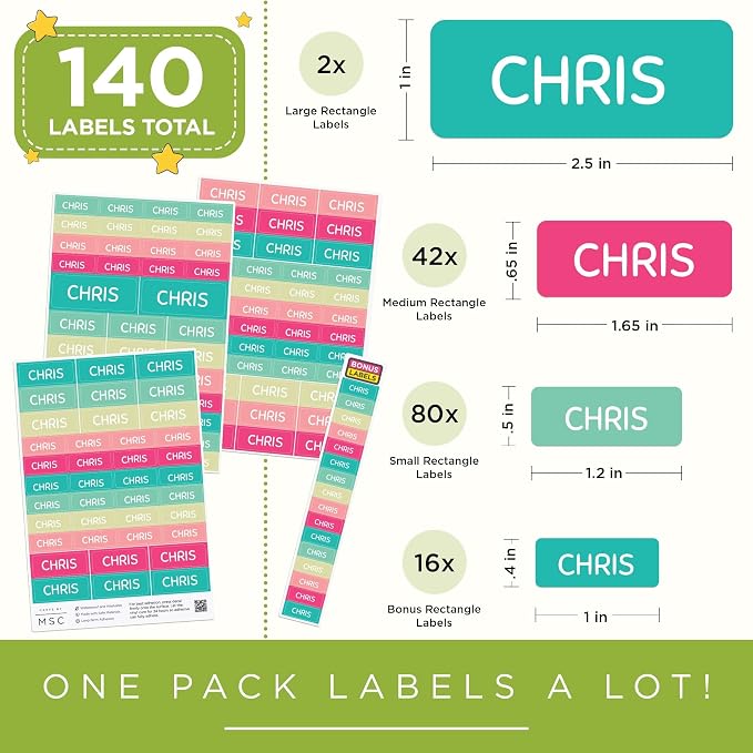 Personalized Daycare Name Washable Labels for Kids, (140 Pack) Waterproof Custom Name Stickers for Clothing Tags, Lunch Boxes and School Supplies, Made in USA by MSC -Blossom