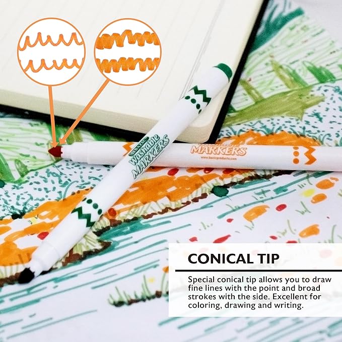 BAZIC PRODUCTS Washable Super Tips Markers, 10 Classic Colors