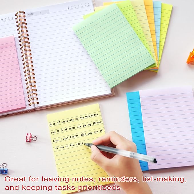 HQCME 9 Pack Lined Sticky Notes 4X6 in Post, 9 Pastel Colors Large Ruled Post Sticky Colorful Super Sticking Power Memo Pads Strong Adhesive, Sticky Notes with Lines Office, Home, 35 Sheets/pad