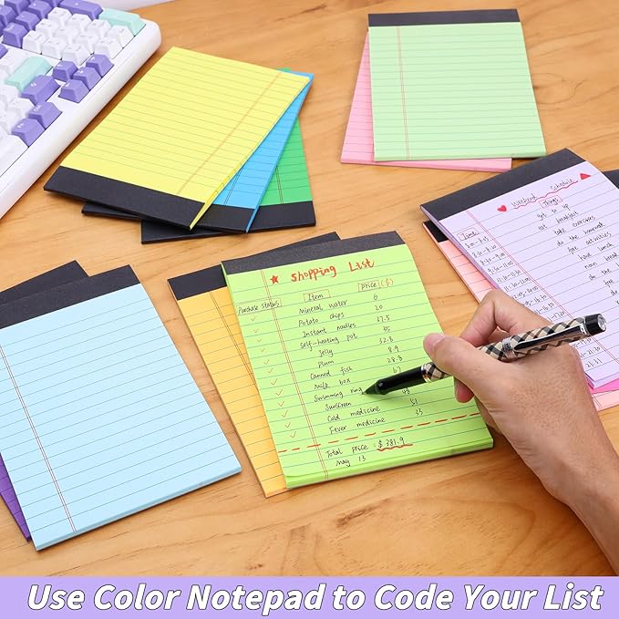 Oleitodh 36 Pack Legal Pads Bulk 12 Colors, Wide Ruled Notepad 5x8, Multicolor Small Notepads 30 Sheet/notepad, Colored Mini Writing Pads with Sturdy Backboard, Perforated Lined Note Pads for Study