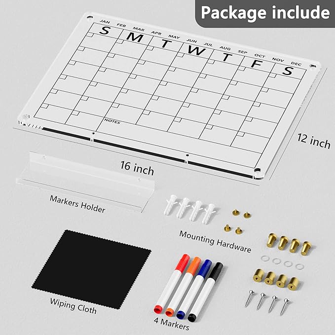 Neatsure Acrylic Dry Erase Calendar Whiteboard for Wall, 16"x12" Clear Monthly Planner White Board, w/ 4 Colors Markers
