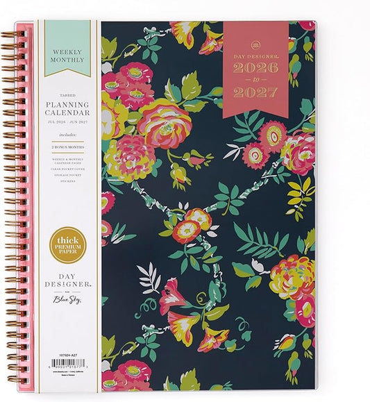 Blue Sky Day Designer 2026-2027 Weekly and Monthly Academic Year Planner Calendar, July 2026 - June 2027, 8.5" x 11", Clear Pocket Cover, Laminated Tabs, Storage Pocket, Includes Stickers, Peyton Navy