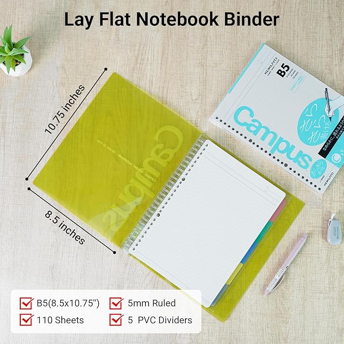 KOKUYO 5 Subject Spiral Notebook, Campus B5 Refillable Journal with 5 Tab Dividers, 100 Sheets in 7mm Dotted Ruled Loose Leaf Paper, Yellow (RU-P333NYR & NO-S836AT)
