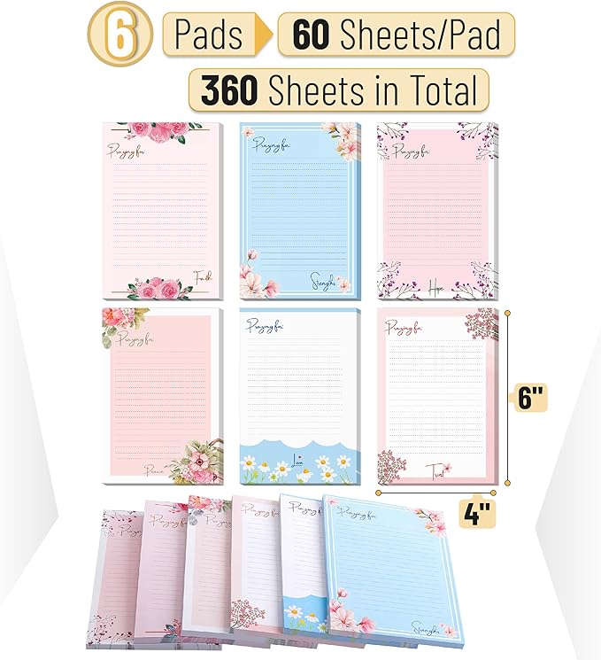 Mr. Pen- Floral Lined Sticky Notes, 4" x 6", 6 Pads, 60 Sheets/Pad, Large Aesthetic Sticky Notes with Lines, Ruled Post Stickies, Memo Pads, Self-Stick Note Pad for Office, School, Home, Study