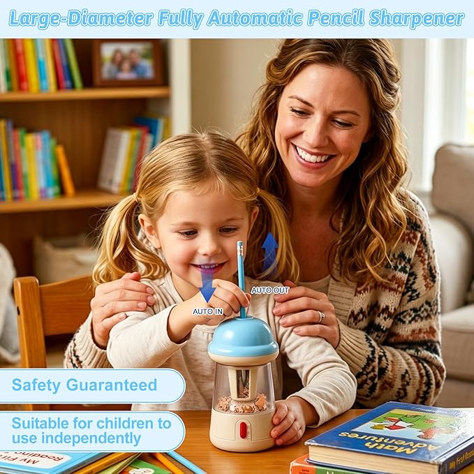 Rechargeable Electric Pencil Sharpener, 6-12mm Auto in & Out Fully Automatic Pencil Sharpener for Kids, Large Capacity Battery Powered, with Cartoon Stickers Ideal for Classroom & Home (Blue-White)