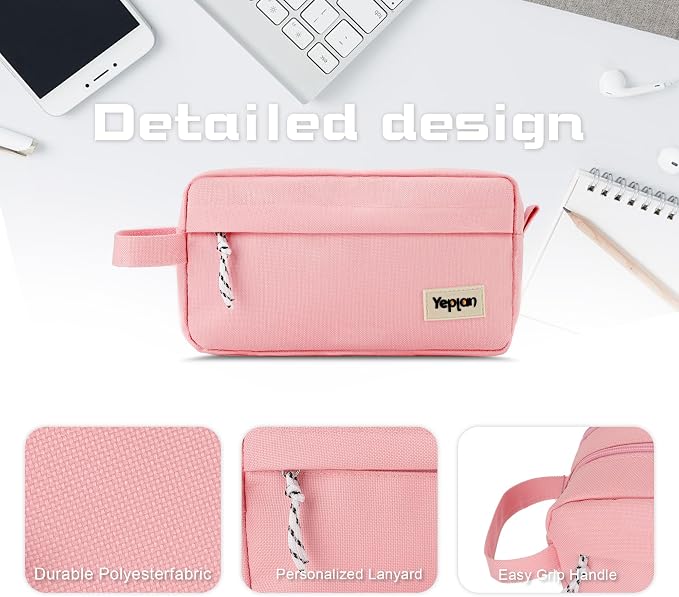 Yeplan Pink Pencil Case with Handle,Large Capacity Pencil Pouch | 3 Compartments Pencil Bags,Cute Pencil Case with Zipper,Stationery Storage for Teen and Adult,Pencil Case For Girls