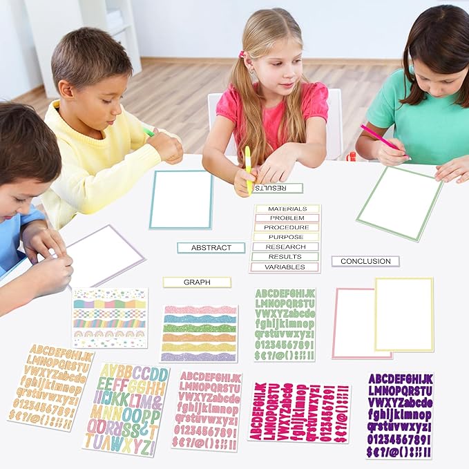 122 Pcs Science Fair Board Supplies 72 Glitter Pastel Candy Trim Scalloped Borders 36 Presentation Board Subtitles 6 Self Adhesive Project Titles 8 Letter Stickers for Classroom Office Decor(Pastel)