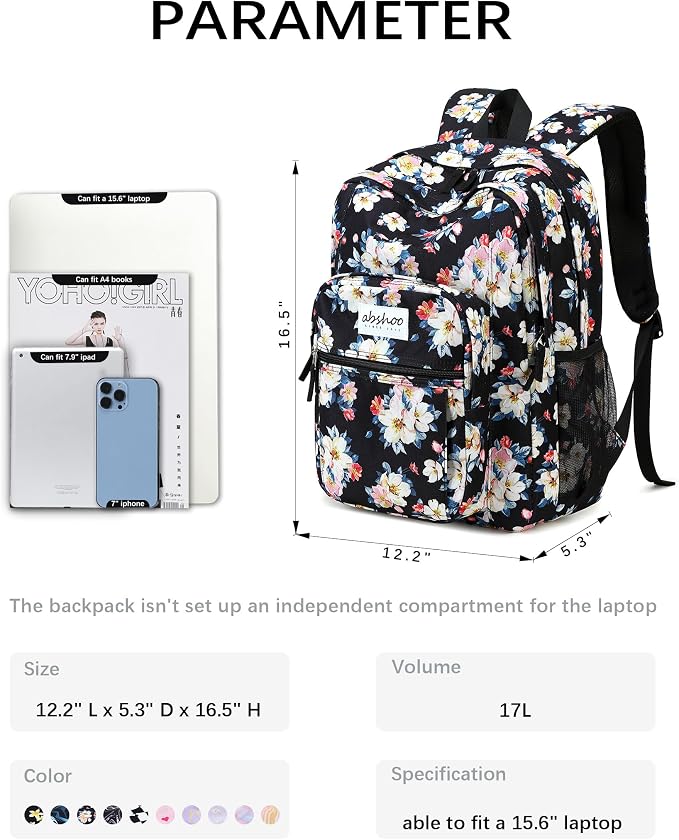 abshoo Classical Basic Floral Womens School Backpack For College Teen Girls Water Resistant Bookbag (Floral Black A)