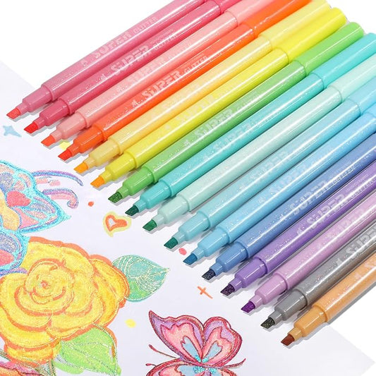 HANKU Glitter Highlighters, 16 Pack, Assorted Chisel Tip Aesthetic Markers | Smooth Shimmering Pastel Ink Perfect for Bullet Journaling, Bible Study, Adult Coloring, and School Supplies