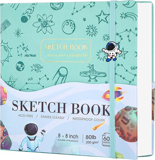 FLYING EAGLE Sketch Book for Kids 8"X 8" Small Hardcover Sketchbook for Drawing 120GSM Thick Paper, Square Art Drawing Paper 120 Pages Sketch Pad for Boys Teens,Gift Boxed, Green