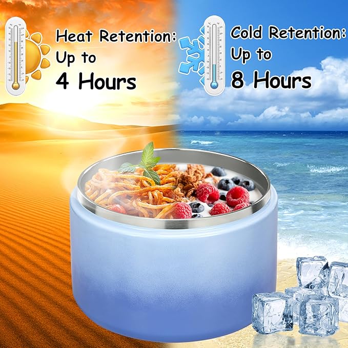 Pawtong 12oz Insulated Vacuum Food Jar with Buckle Lid Wide Mouth Soup Thermo for Hot Food Kids Leakproof Stainless Steel Lunch Container (Gradient Blue, 12OZ)